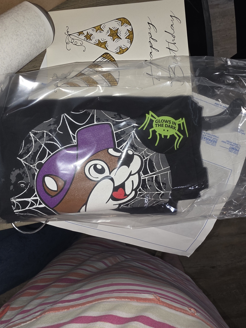 Kids Glow-in-the-Dark Black Halloween Costume T-Shirt with Purple Mask